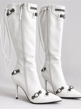 White Knee High Stiletto Boots | Y2K Moto Buckle Pointed Toe Cyber Glam Size 40